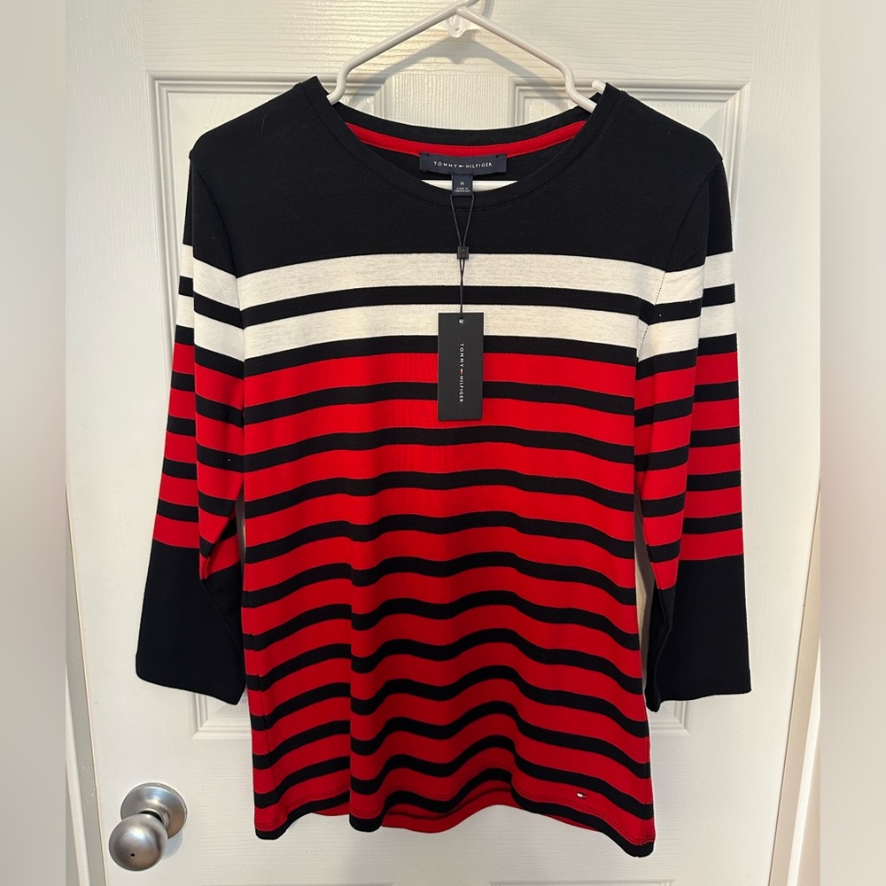 NWT Tommy Hilfiger navy red white, striped three-quarter length sleeve top